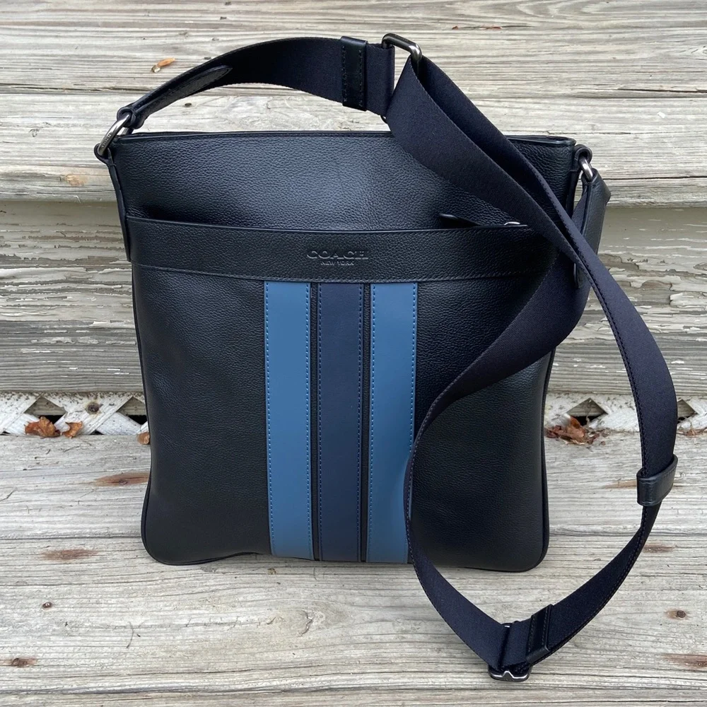 COACH Charles Crossbody Bag Varsity Black Leather Denim & Midnight Navy Stripe